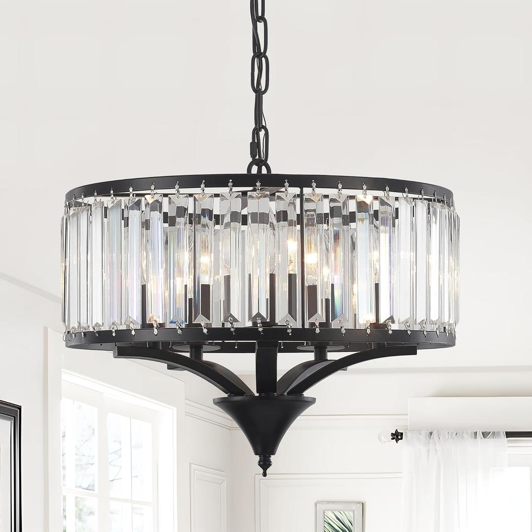 Modern Farmhouse Crystal Chandeliers for Dining Room, 5-Light Black Antique Pendant Chandelier, Contemporary Hanging Light Fixture for Living Room Bedroom Foyer Kitchen Island Entryway