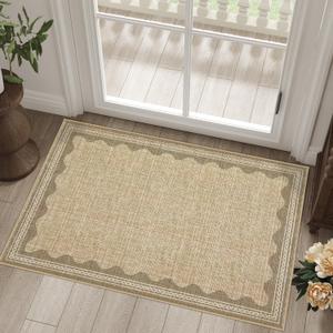 Scalloped Rug 2x3 Rugs for Entryway, Solid Tan Rug Small Area Rugs Non Slip Scalloped Bath Mat, Washable Front Door Mat Indoor Entrance,Soft Girls Nursery Dorm Carpet for Bedroom Kitchen (Jute)