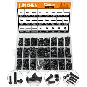 1250PCS Black Flat Head Phillips Screws Bolts and Nuts, M2 M3 M4 M5 M6 Metric Full Threaded Phillips Cross Recessed Nylon Plastic Bolts Nuts Assortment Kit Set for Insulate or Fasten PCB Board