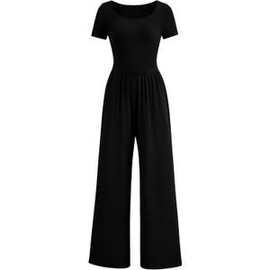 PRETTYGARDEN Women's Summer One Piece Jumpsuits Dressy Casual Short Sleeve Square Neck Wide Leg Rompers Travel Outfit Clothes (Black,Large)