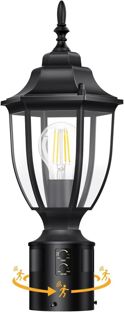 Lamomo Motion Sensor Outdoor Post Lights, Dusk to Dawn Lamp Post Light Fixture, Waterproof Aluminum Lamp Posts Outdoor Lighting Pole Lantern for Yard Patio Pathway Garden (1 Pack, Black)