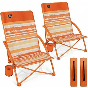 2 Pack Low Beach Chair,Folding Recliner Camping Chair for Adults,Lightweight Backpacking Low Seat Camping Chairs with Cup Holder,Carry Bag for Outdoor Camp Picnic Festival,Orange Strip