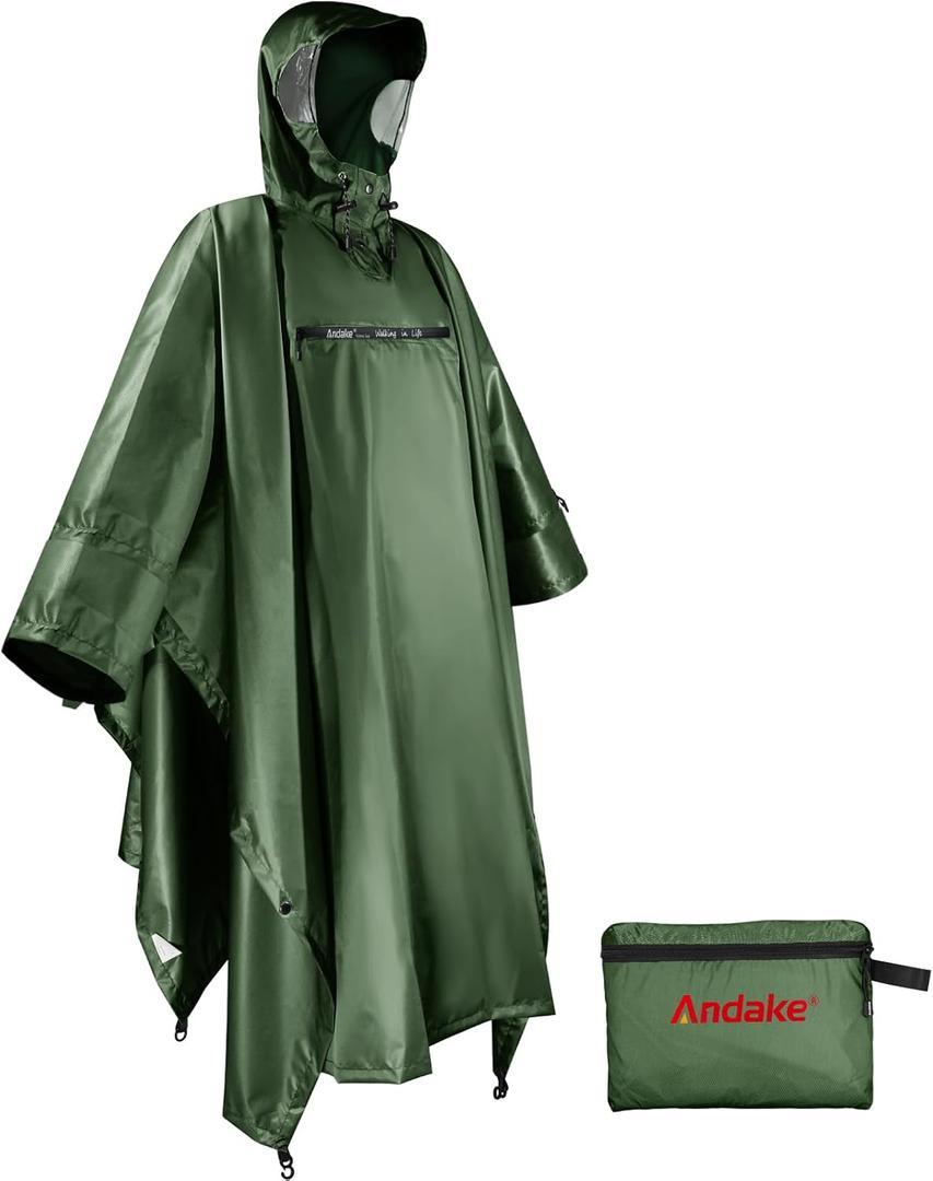 Andake Waterproof Rain Poncho for Adults Unisex,230T Ripstop Polyester,Raincoat Gear with Transparent Viewing Window Outdoors (One Size, Dark Green)