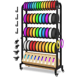 3D Printer Filament Storage Rack with Wheels, 5-Tier Adjustable Metal Shelf Holds 40 Spools, Mobile Filament Organizer with Hooks for PLA ABS TPU, 3D Printing Workspace & Studio, Large