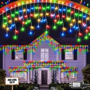 Christmas Lights Outdoor, 53 FT 486 LED Christmas Lights for Outside, Timer & Memory, Plug in 8 Modes Hanging Fairy Lights with 108 Drops for House Eaves Yard Patio Holidays Decorations, Multicolor