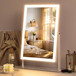FENCHILIN Vanity Mirror with Lights 16.14" x 11.81",Lighted Makeup Mirror and Hollywood Mirror with Smart Touch Control 3 Colors Dimmable LED Light, 360Rotation 10X Magnification Tabletop (White)