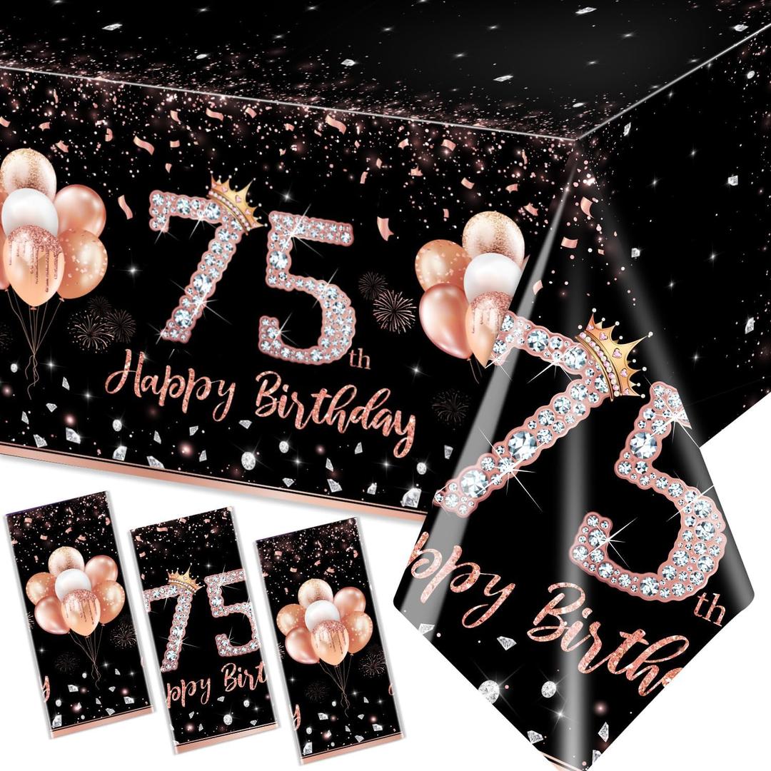 GREHUMOR 3Pcs 75th Birthday Tablecloth Decorations for Women-Rose Gold Pink Table Cloth Happy 75 Birthday Theme Party Supplies Table Cover Plastic Disposable Rectangular Party Decorations