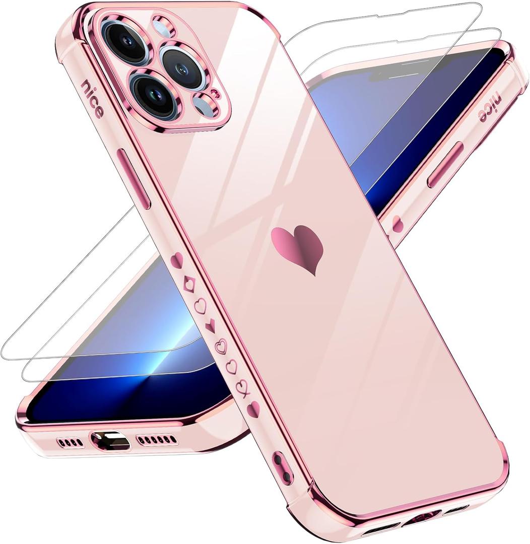 LeYi for iPhone 13 Pro Max Case: with Tempered Glass Screen Protector [2 Pcs]+ Full Camera Lens Protection, Love Heart Plating Girly Women Luxury Soft TPU Shockproof Case for 13 Pro Max, Pink