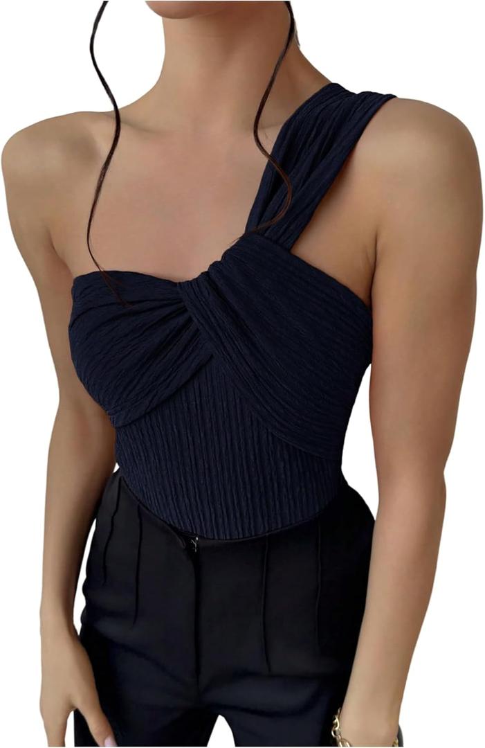 GORGLITTER Women's Twist Front One Shoulder Bodysuit Sleeveless Backless Asymmetrical Neck Tank Top Jumpsuits Blue Medium
