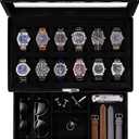 ROTHWELL 12Slot Piano Black Watch Box with Valet Drawer  Premium Jewelry Display Case Organizer with Locking Glass Top and Microsuede Liner for Men & Women (Black Interior)