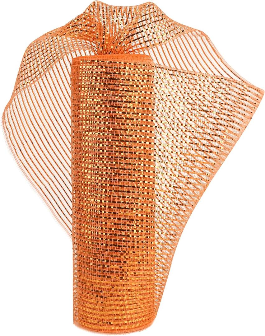 HUIHUANG Orange Deco Mesh 10 inch Wide Metallic Decorative Poly Mesh Ribbon Roll for Ester Day Wreaths Supplies, Swags, Garlands, Thanksgiving and Fall Decor-10 Yards