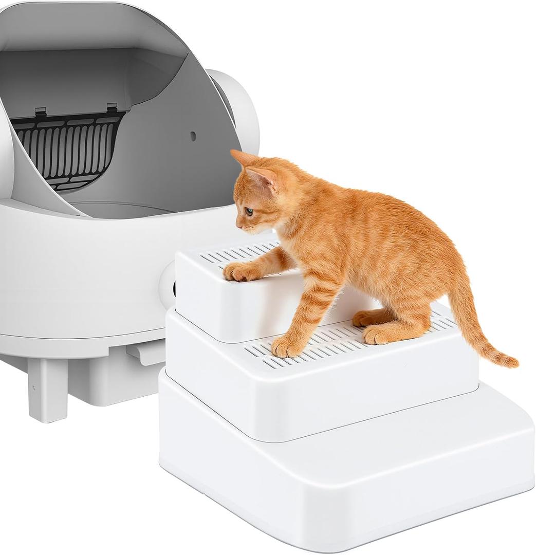 Adjustable 3 Steps Litter Box Ramp, Cat Ramp for Litter Box with Litter Trapper, Litter Box Step for Small & Elderly Cats, Fits Automatic Litter Boxes (White)