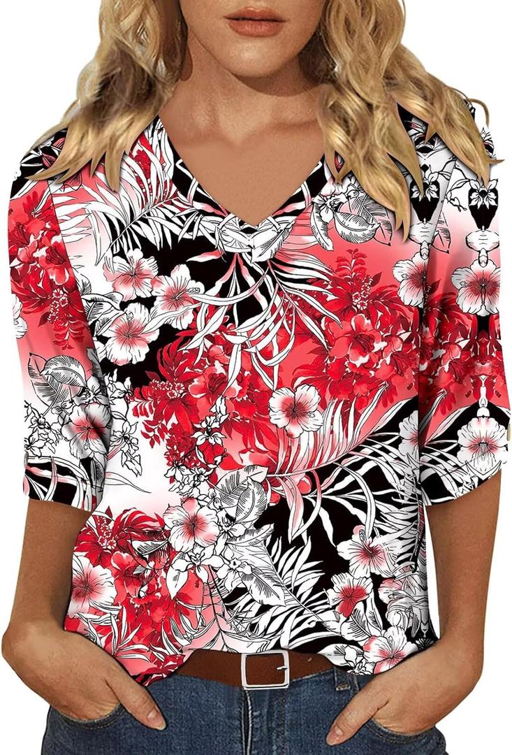 KISSMODA Tops for Women 2025 3/ 4 Length Sleeve T-Shirts Dressy Casual Loose V-Neck Sleeve Tunic Blouses Floral Red, 3XL