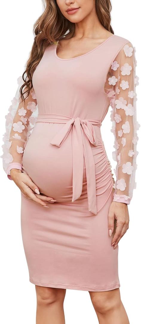 Floral Mesh Bishop Long Sleeve Maternity Midi Dress, Fall Maternity Bodycon Dress for Baby Shower (Large, Long Sleeve Pink)