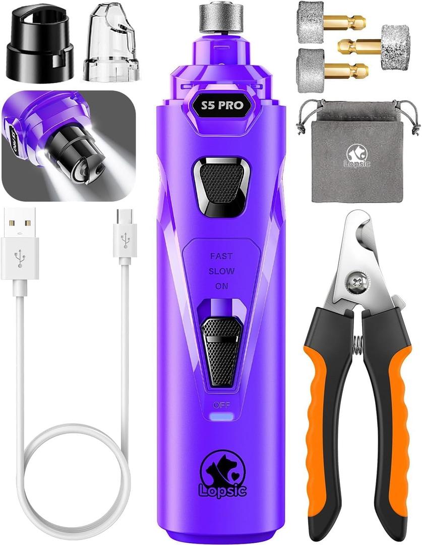 Whisper Quiet Dog Nail Grinder with 4 LED Lights, Safe & Stress-Free for Sensitive Dogs of All Breeds & Sizes, 3 Grinding Bits, 3-Speed, Pet Nail Trimmers, Rechargeable Painless Grooming Kit Purple