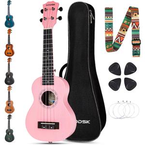 AODSK Concert Pink Ukulele for Beginner 23 Inch Uke with Gig Bag Strap Nylon String 4 Picks Holiday Gift
