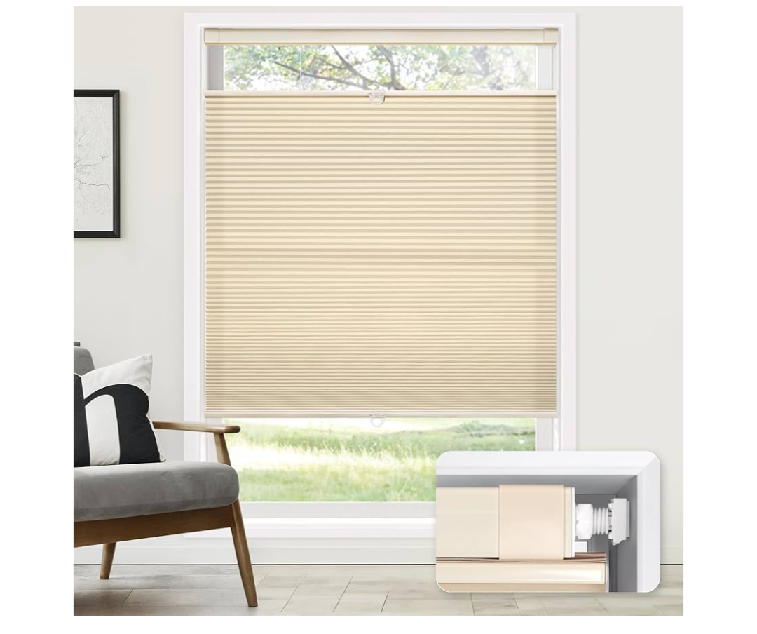 No Tools No Drill Cordless Cellular Shades, Top Down Bottom Up (TDBU) Honeycomb Shades for Home, Light Filtering Thermal Insulation Blinds for Windows, 44" W x 64" H, Beige