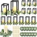 Geelin 12 Set 10.59'', 13'' Black Wooden Lanterns for Centerpieces Include 12 Wooden Lantern 12 LED Candle 12 Eucalyptus Leaves Wreath for Wedding Baby Shower Farmhouse Table Decor