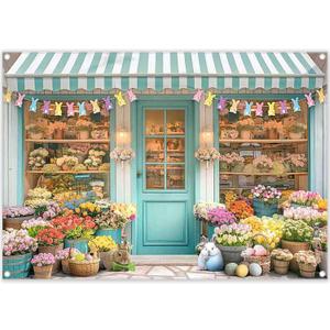 ZTHMOE Fabric 7x5ft Spring Flowers Shop Photography Backdrop Easter Floral Market Rabbits Colorful Eggs Party Decoration Kids Adults Photo Banner Props