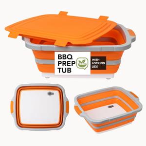Collapsible BBQ Prep Tub with Cutting Board Lid & Locking Lid, BPA-Free, Portable Wash Basin for Outdoor Camp/Tailgate & Competition, Dishwasher-safe Marinating Container, 16L Orange