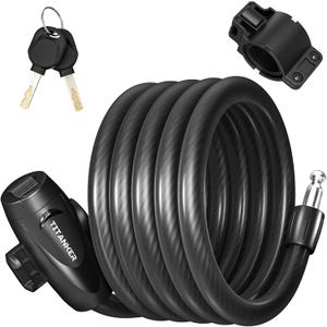 Titanker Bike Lock, Bike Lock Cable 6 Feet Coiled Secure Bicycle Locks with Keys Scooter Locks Bicycle Locker 1/ 2 Inch Thick Heavy Duty Anti Theft Bike Cable Lock with Mounting Bracket
