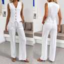 heipeiwa Women's Linen Casual High Waist Wide Leg Straight Dress Cotton Linen Pants Button Trousers (White)