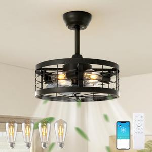 VOLISUN Caged Ceiling Fan with Light,16.5in Black Fandelier Ceiling Fan with Light and Remote, Farmhouse Bladeless Ceiling Fans with Lights for Kitchen,Bedroom(4 * 2700K Bulbs Included)