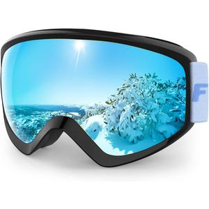 findway Kids Ski Goggles, Kids Snow Snowboard Goggles for Boys Girls Youth OTG (Black Frame Sapphire Blue Lens)