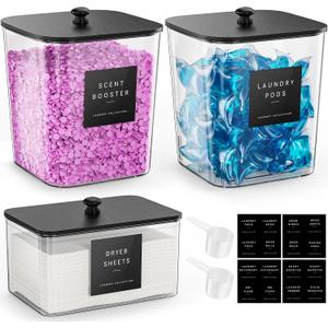 Moforoco 3 Pack Laundry Pods Container, Clear Laundry Room Organization Containers, Large Detergent Powder Storage, Black Wooden Lids & Labels, Acrylic Pods Holder