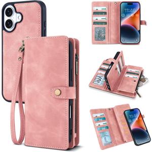 TwoHead Wallet Case Compatible with iPhone 17,Detachable,Magnetic,11 Cards Holder,PU Leather All-Round Protective Phone Case with Change Pocket(6.3 in,Pink)
