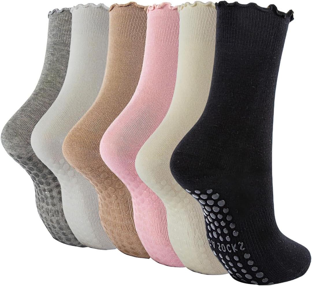 Grips Non Slip Yoga Pilates Socks for Women - Cute Ruffle Frilly Cotton Crew Socks