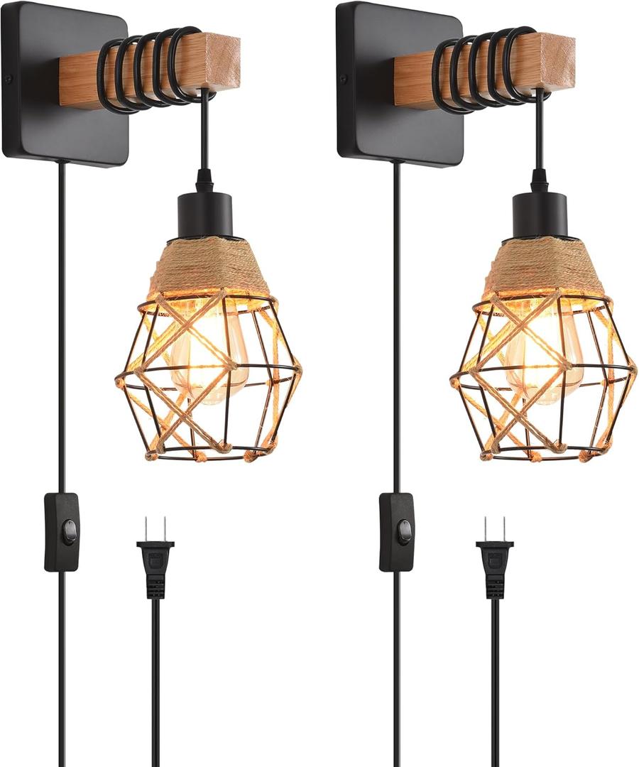 Rustic Wall Sconces Fixtures with Plug in Cord, Set of Two Indoor Vintage Rattan Wall Light Industrial Lamp Fixture Farmhouse Metal Sconces Light for Bedroom Bedside Living Room (2 Pack)