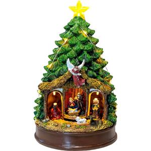 Candieslife Musical Christmas Tree Rotating Nativity Scene with Star LED Light, Holy Family Angel Figurines, Resin Material, Tabletop Decorative Christmas Tree Ornaments