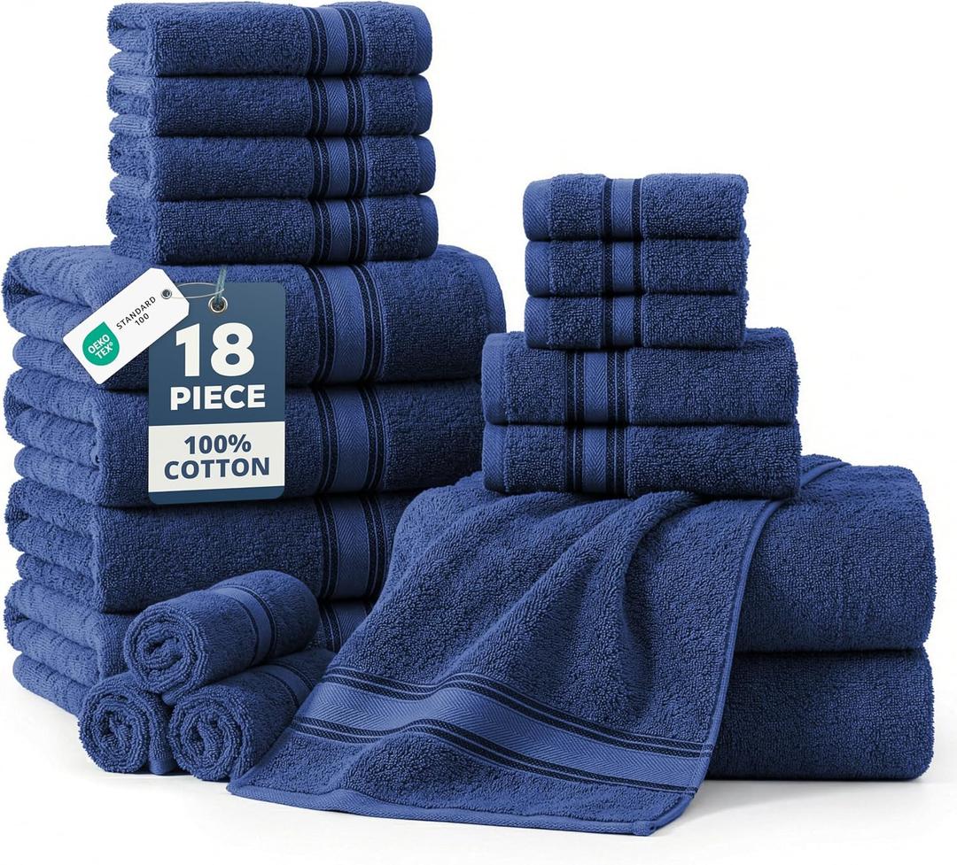 LANE LINEN 100% Mercerized Cotton Bath Towel Set of 18 Zero Twist Shower Towels, 6 Bath, 6 Hand Towel & 6 Washcloths, Quick-Dry, Luxuriously Soft & Durable, Perfect for Everyday use Navy