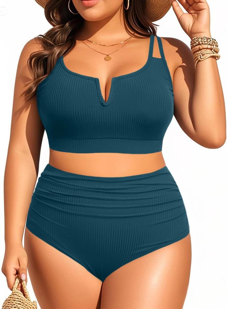 Women Plus Size High Waisted Bikini - Ribbed Two Piece Swimsuit Tummy Control Bathing Suit V-Wired 2025 Swimwear (Teal)