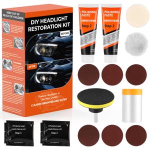 Headlight Restoration Kit, Polish Restore Cleaner Clean Tool DIY Polishing, Sanding Discs, Scouring Pads for Electric Drill, 3 Easy Steps to Restore Sun Car Headlights Lens (bottled)