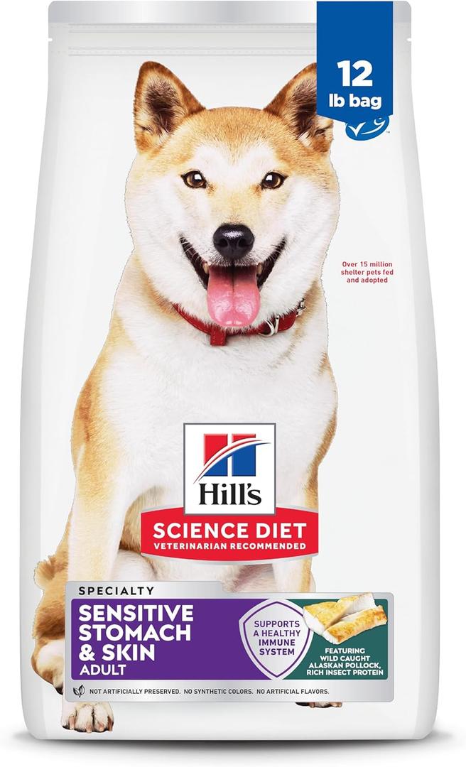 Hill's Science Diet Adult Sensitive Stomach & Skin Dry Dog Food, Pollock Meal, Barley, & Insect Meal, 12 lb. Bag, BBD 12/2026