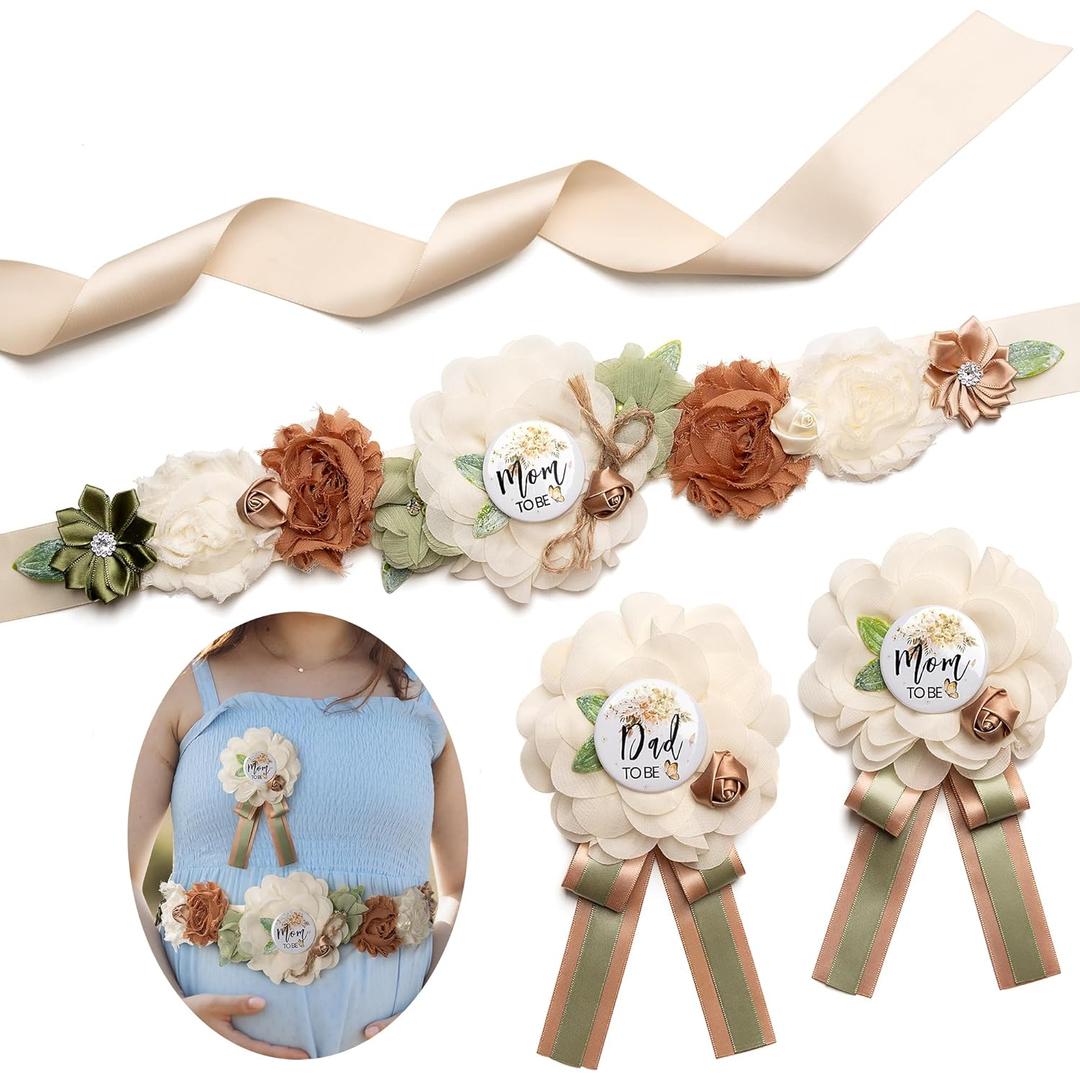BumpPetal Flower Sash Set - Baby Shower Mom to Be Daddy to Be Corsage Pin - Flower Belt for Maternity Dress - Pregnancy Photo Props Supplies (Beige Green) BumpPetal Flower Sash Set - Baby Shower Mom to Be Daddy to Be Corsage Pin - Flower Belt for Maternity Dress - Pregnancy Photo Props Supplies (Beige Green)