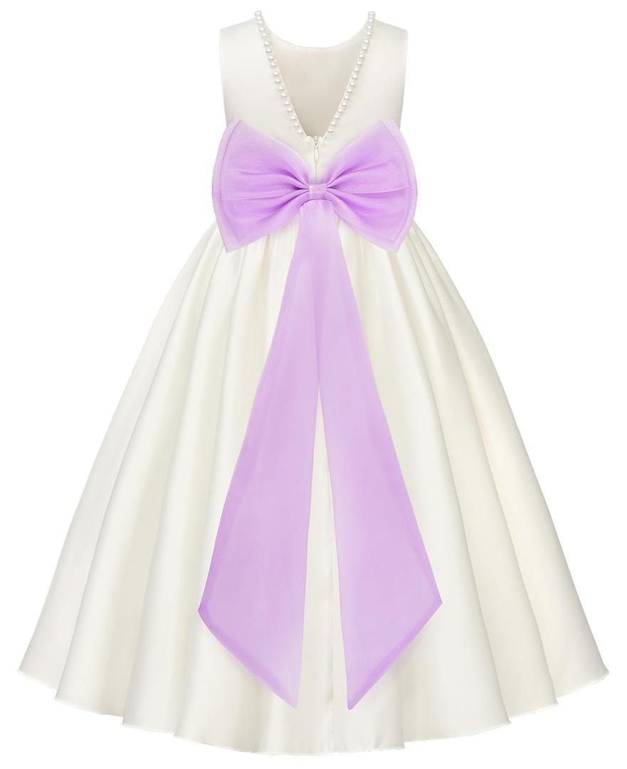 Girls Satin Flower Girl Dress with Pearl Trim Organza Sash and Detachable Bow Sleeveless Ankle Length Formal Gown (Purple, 10-11/150)