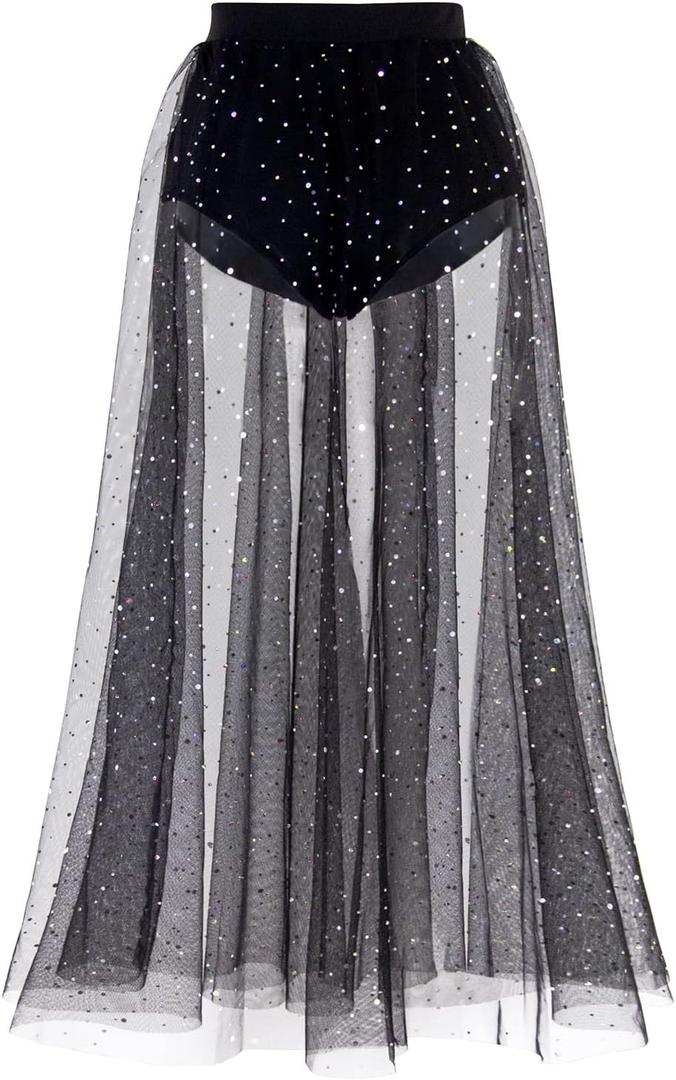 Women's Sheer Mesh 2 in 1 Glitter Sequin Elasticized High Waist A Line Party Maxi Skirt (Medium)