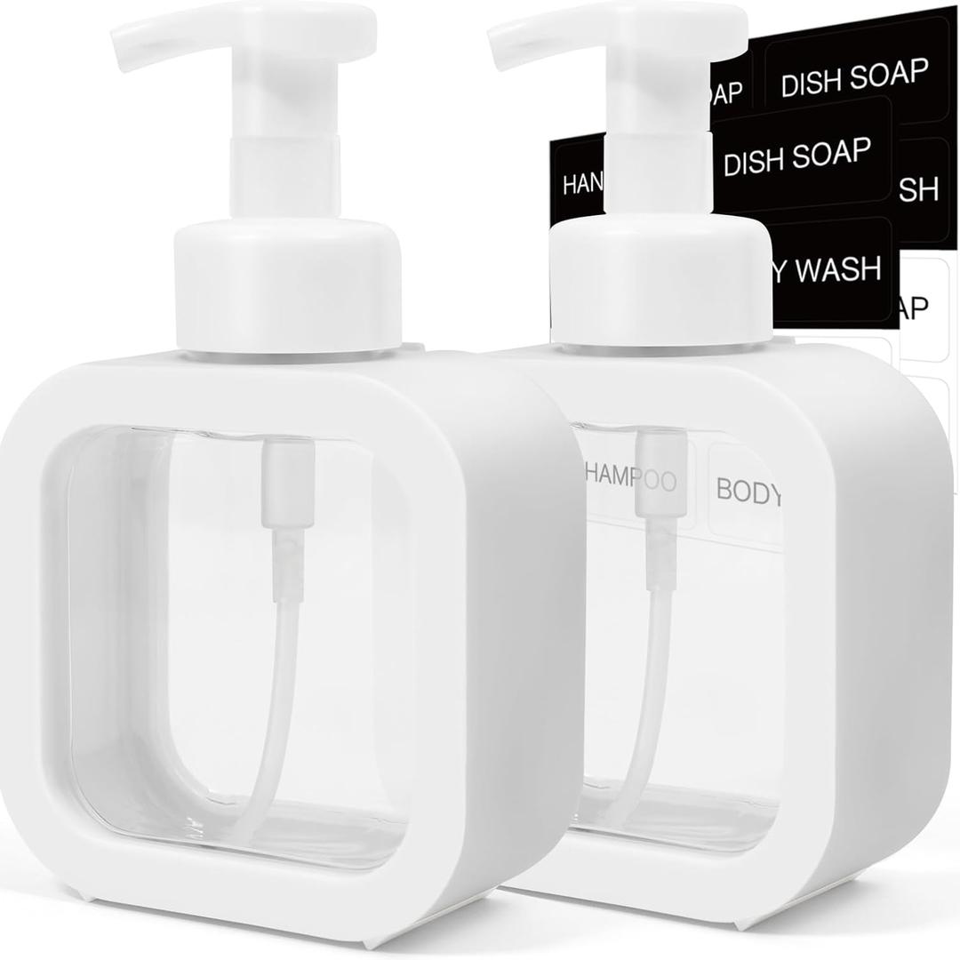 Foaming Soap Dispenser, 2 Pack 300ml (10oz) Plastic Refillable Foaming Hand Soap Dispenser with 16 Pcs Waterproof Labels, Foam Pump Bottle for Bathroom and Kitchen (White)