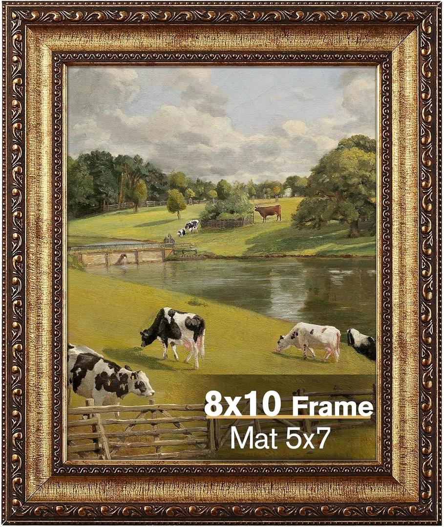 Splinterix 8x10 Antique Bronze Vintage Picture Frame, Ornate Vintage Picture Frames for Wall or Tabletop Display, 8x10 Photo Frame with Real Glass, Display Poster 5x7 with Mat or 8 x 10 without Mat for Antique Decor