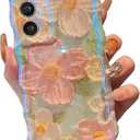 XIZYO Case for Samsung Galaxy S24 Plus, Colorful Retro Oil Painting Flower Cute Floral Aesthetic Curly Wave Frame Laser Glossy Reflective Exquisite Stylish Cover Girly Women-Green
