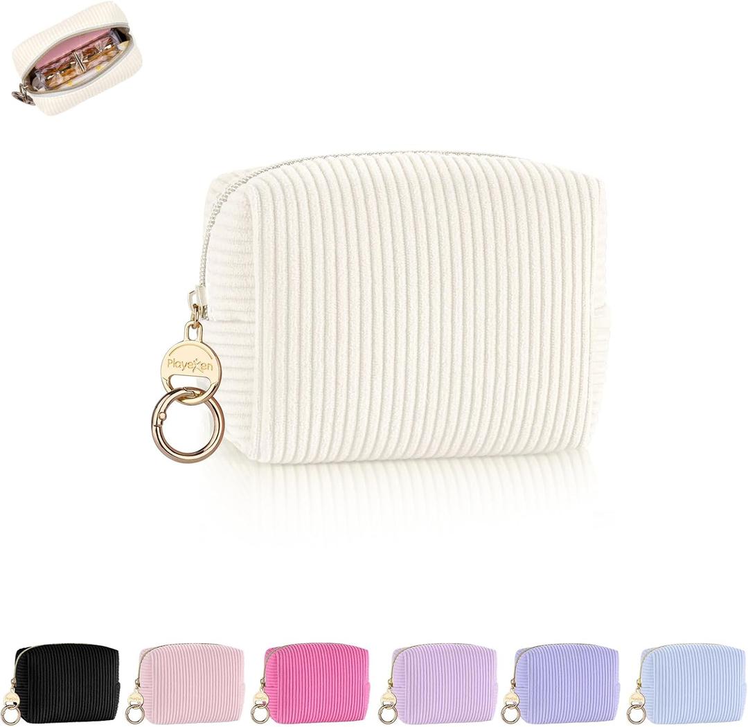 Mini Makeup Bag, Corduroy Small Cosmetic Bag for Purse with Ring Buckle, Portable Travel Makeup Pouch for Lipsticks, Chapsticks, Coin, Earphone, Credit Card (Beige)