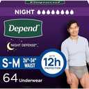 Depend Night Defense Adult Incontinence Underwear for Men, Disposable, Overnight, Small/Medium, Grey, 64 Count (4 Packs of 16)