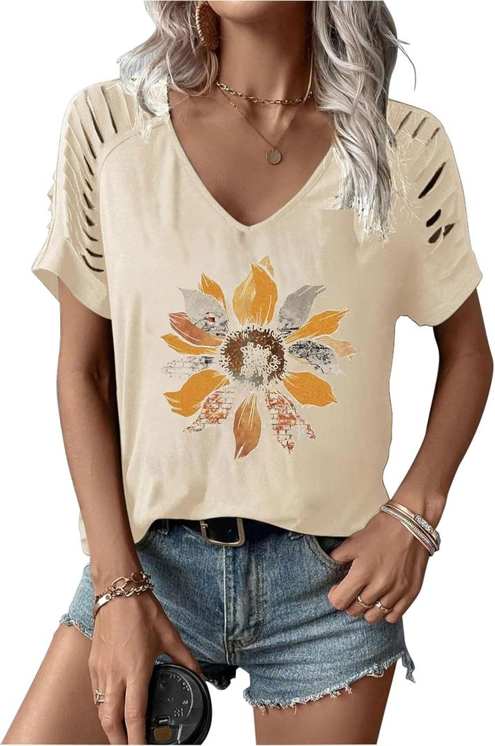 Women's Cut Out V Neck T-Shirts Boho Floral Graphic Tee Summer Cold Shoulder Short Sleeved Tops (XX-Large)