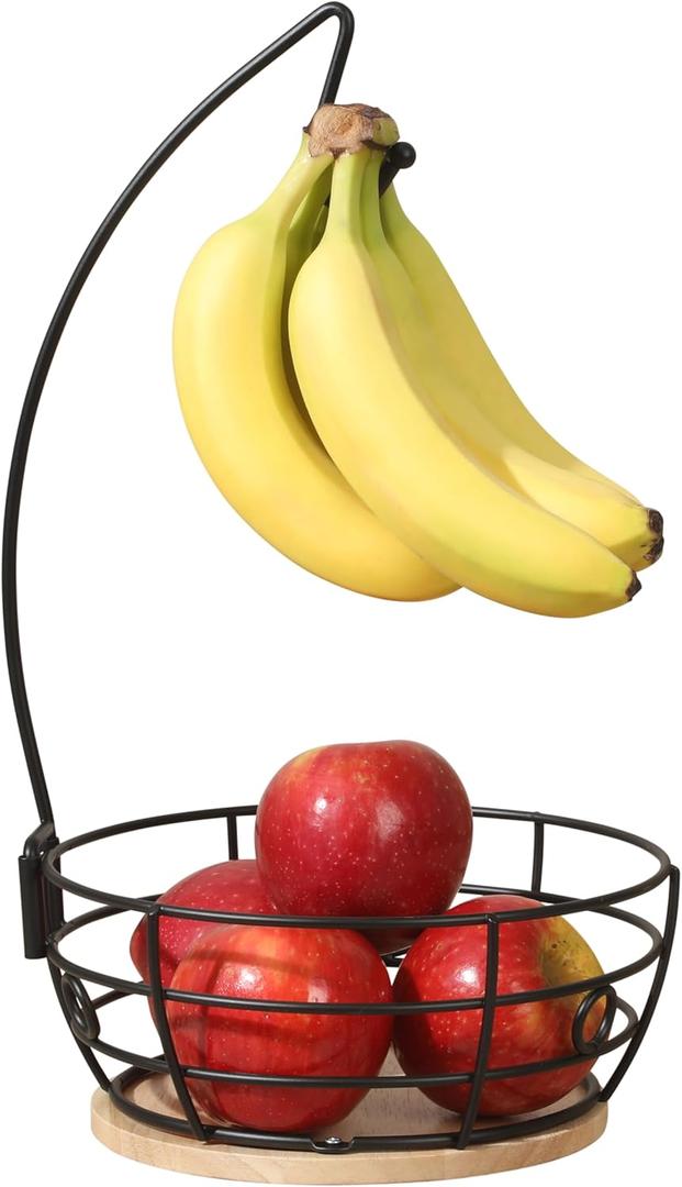 Gibson Home Harvest Season Fruit Basket Bowl with Banana Hanger  Black Metal Wire & Rubberwood Base  Countertop Produce Stand for Apples, Bananas, Oranges  Kitchen Storage Organizer