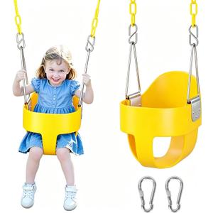 DECORLIFE Toddler Swing - High Back Full Bucket Seat for Ages 1-3, 330lb Capacity, Baby Infant Swing Outdoor with Safety Design, Plastic-Coated Chains, Carabiners for Backyard, Garden-Yellow