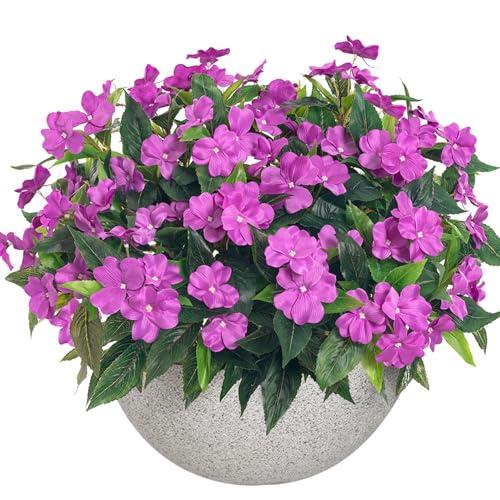 Uqueeten 15.7”Spring Decorations for Home Flowers Fake Plants Fake Flowers Artificial Impatiens Bouquet Flowers for Outdoors Silk Faux Flowers Impatiens Plants Decor Indoor Planters 6PCS (Purple)