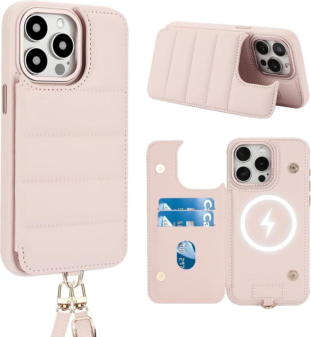 Crossbody Wallet Case for iPhone 15 Pro Max with Strap,RFID Blocking Leather Flip Case for Women with Card Holder,Magnetic Purse Shockproof Cover with Kickstand,Lanyard,Pale Pink